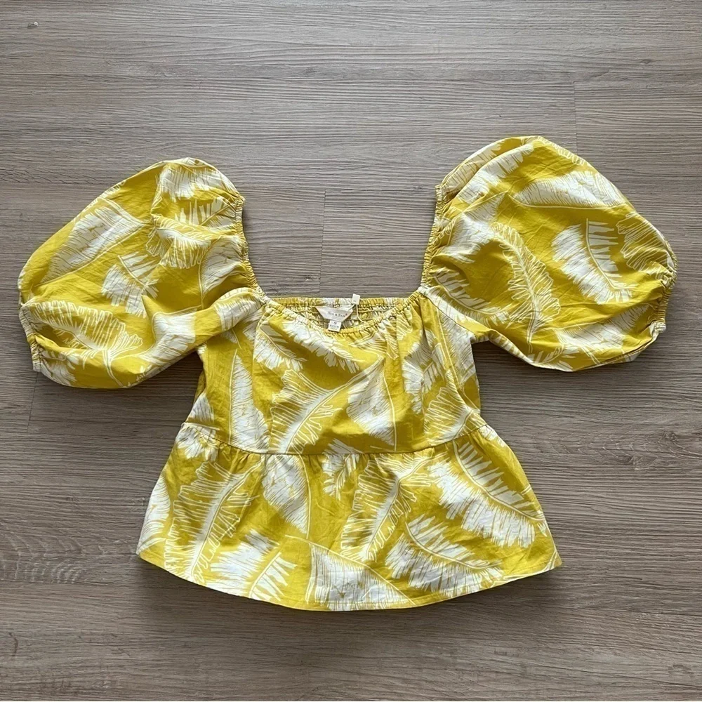 Sim & Sam Palm Print Cropped Top Puff Sleeve Yellow Chartreuse Tropical Boho S - Picture 5 of 10